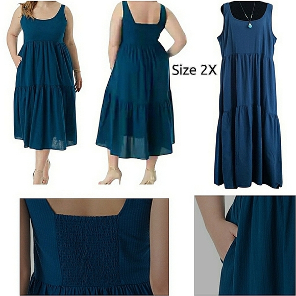 JS 2XL Tiered Cottage Casual Chore Pockets Farmhouse Smocked Midi Maxi Dress - Picture 3 of 11